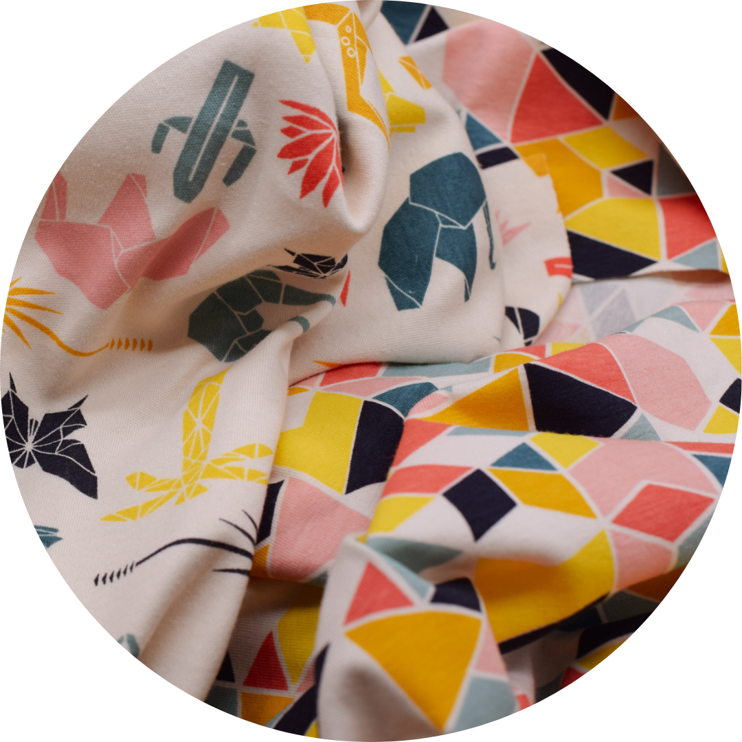 trio of animal print and geometric shape fabrics next to each other